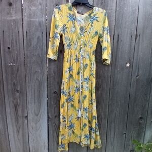 HAWAIIAN PINEAPPLE PRINT BUTTON DOWN DRESS FISOUL WOMEN SZ L V NECK 3/4 SLEEVES